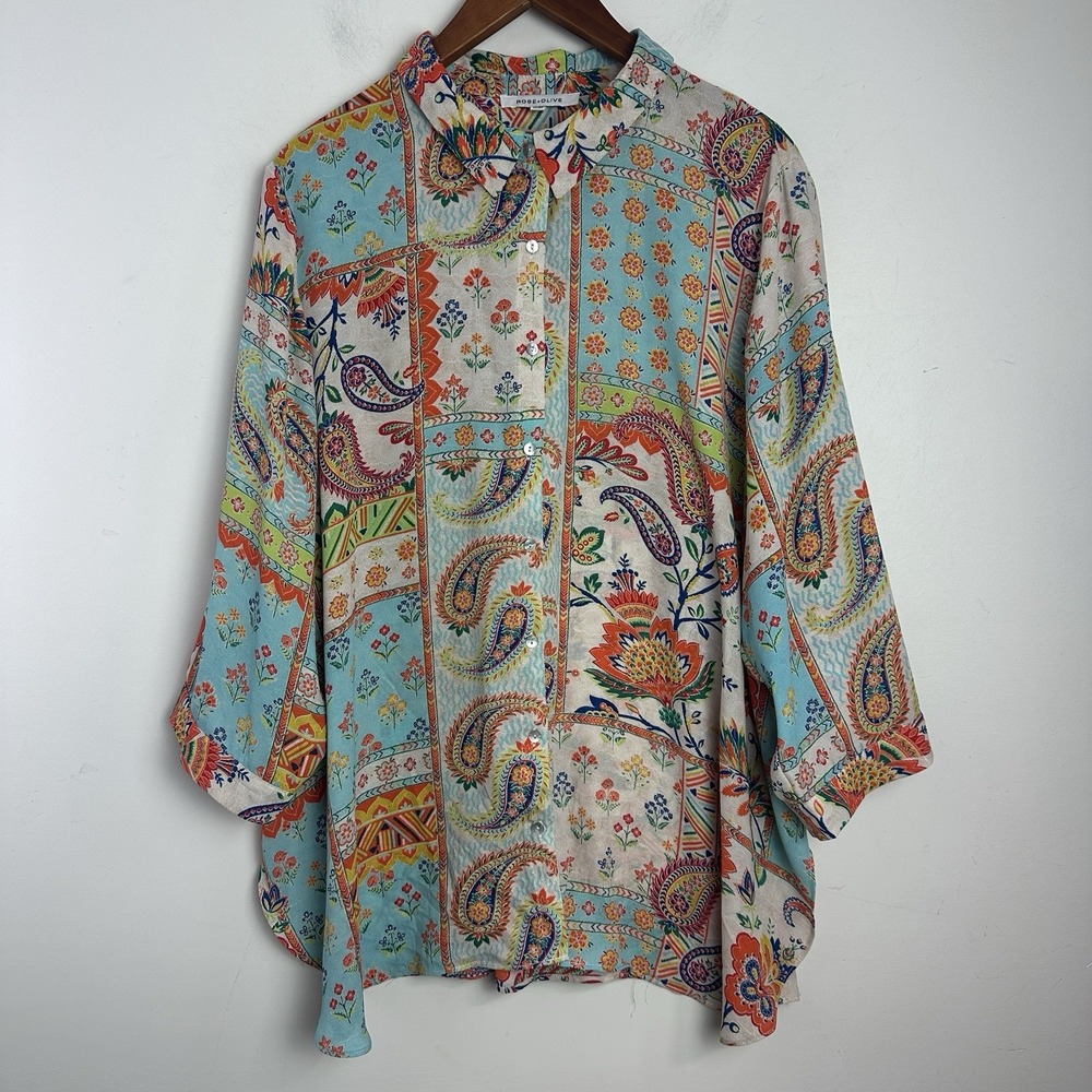 Rose + Olive Top Shirt‎ 2X Paisley Floral Colorful 3/4 Sleeve Button Up Flowy